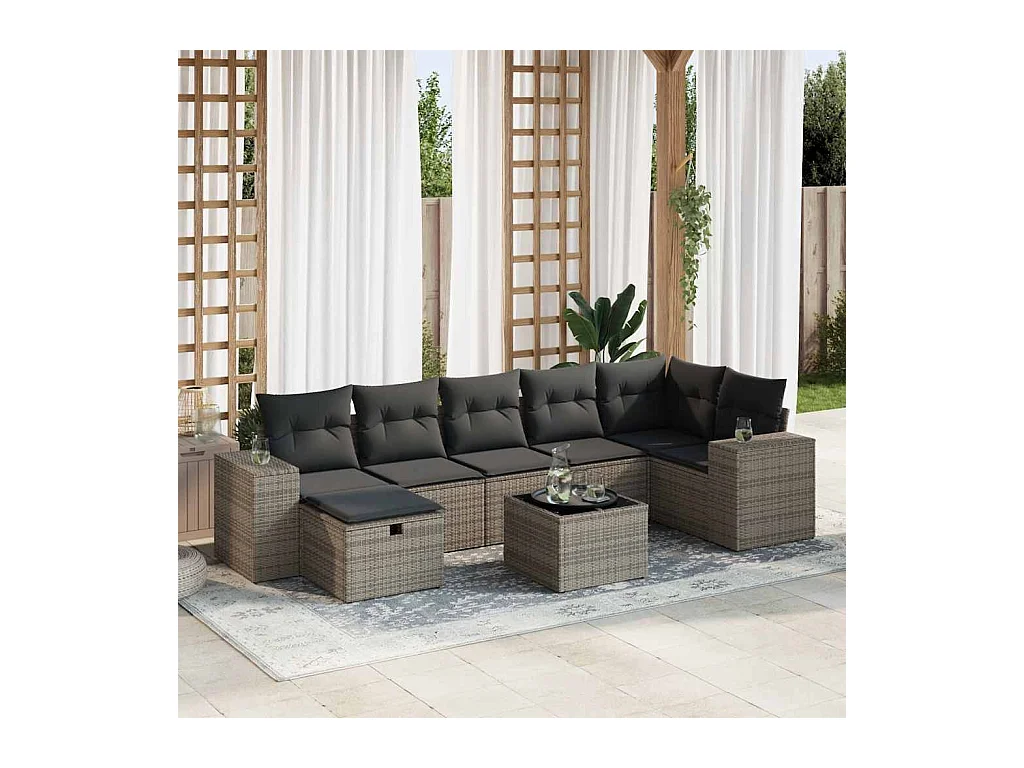 8-delige Loungeset met kussens poly rattan grijs