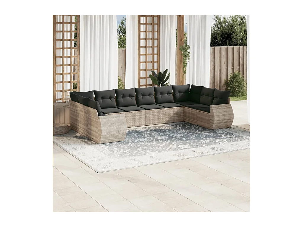 10-delige Loungeset met kussens poly rattan lichtgrijs