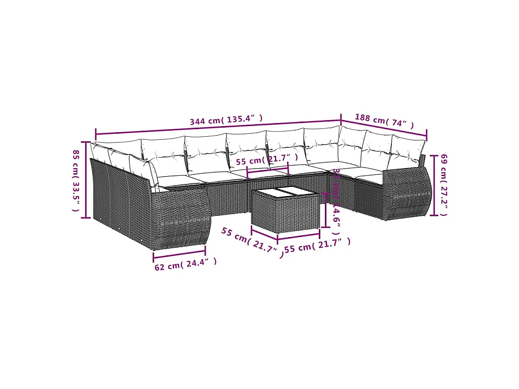 10-delige Loungeset met kussens poly rattan lichtgrijs
