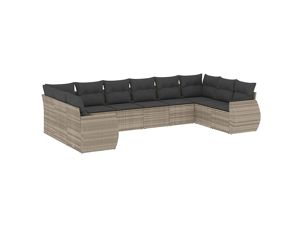10-delige Loungeset met kussens poly rattan lichtgrijs