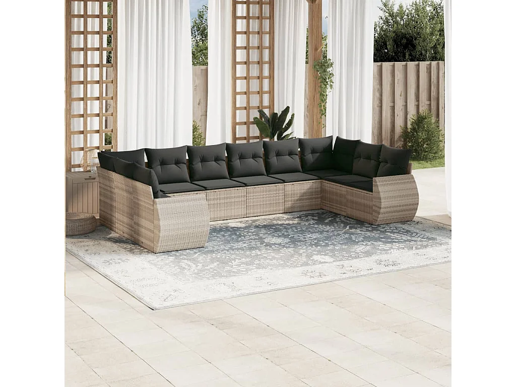 10-delige Loungeset met kussens poly rattan lichtgrijs