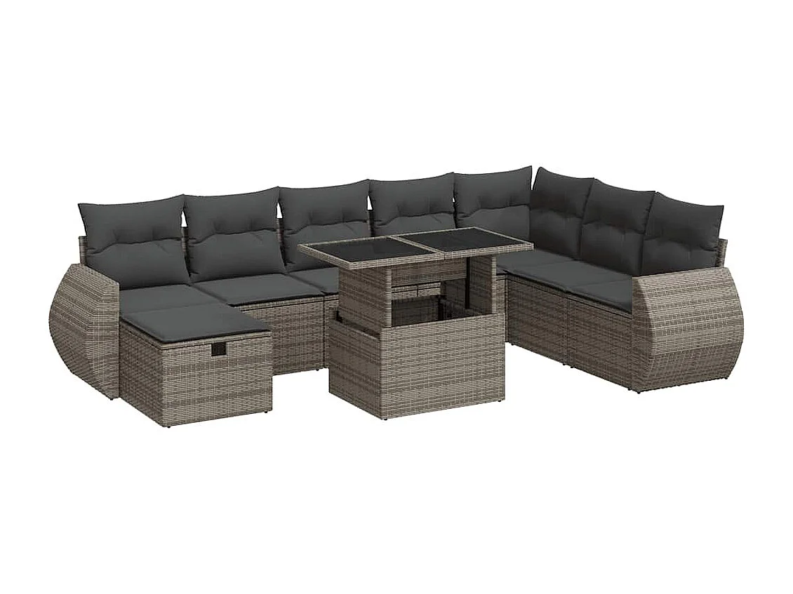 9 pcs conjunto sofás p/ jardim com almofadões vime PE cinzento