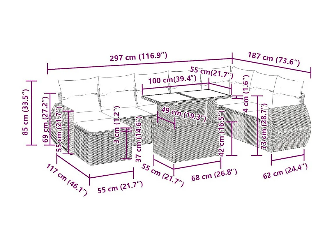 9 pcs conjunto sofás p/ jardim com almofadões vime PE cinzento