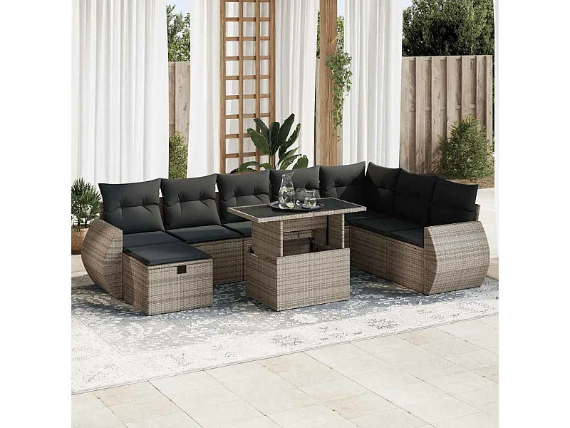 9 pcs conjunto sofás p/ jardim com almofadões vime PE cinzento