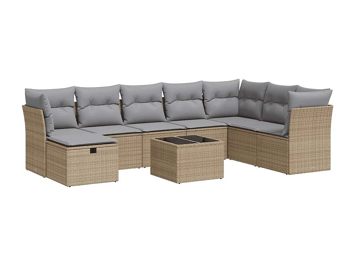 Set Divano da Giardino 9 pz con Cuscini Beige in Polyrattan