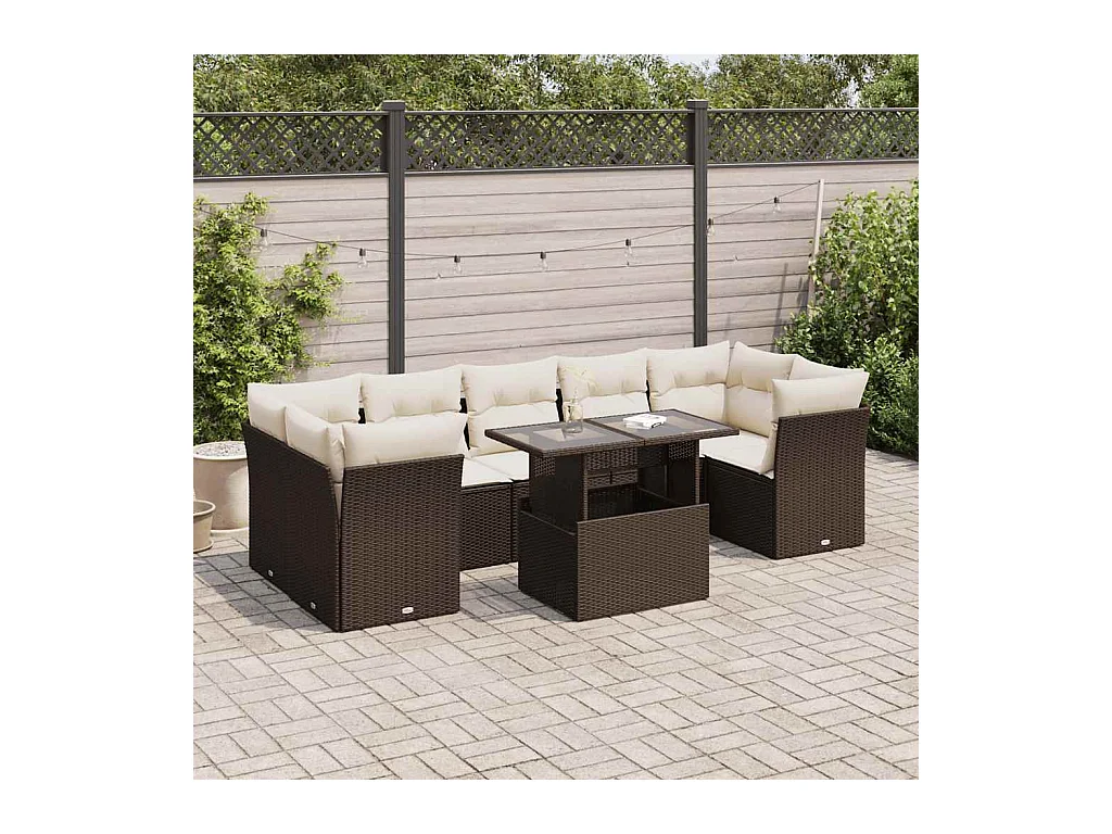 Set sofás de jardín 8 piezas y cojines ratán sintético marrón