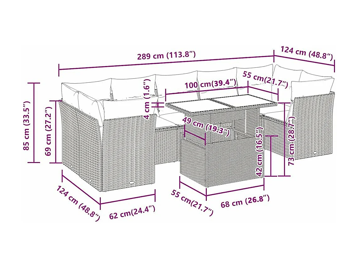 8-tlg. Garten-Sofagarnitur mit Kissen Braun Poly Rattan