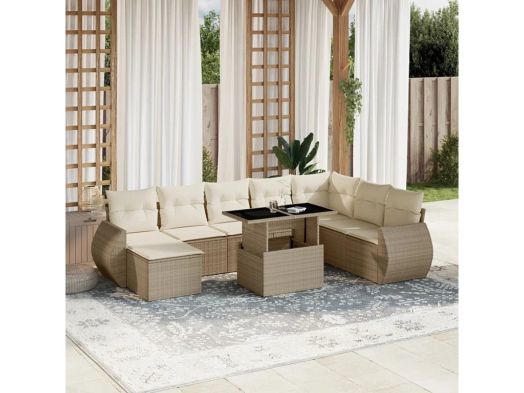 Salon de jardin avec coussins 9 pcs beige résine tressée