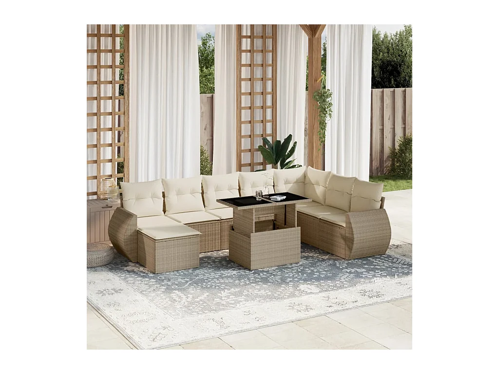 Set Divano da Giardino 9 pz con Cuscini Beige in Polyrattan