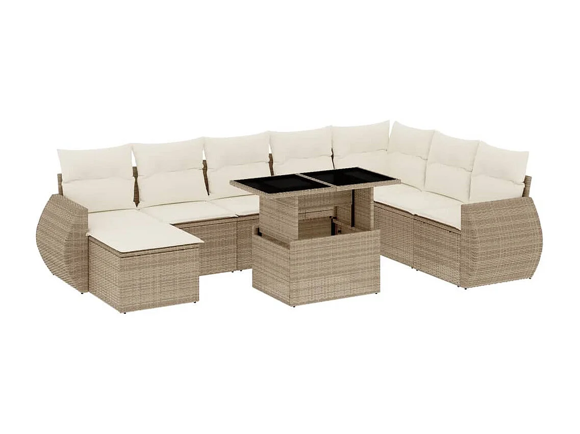 9-delige Loungeset met kussens poly rattan beige