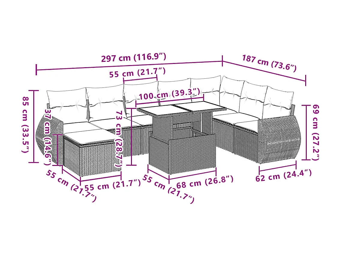 9-delige Loungeset met kussens poly rattan beige