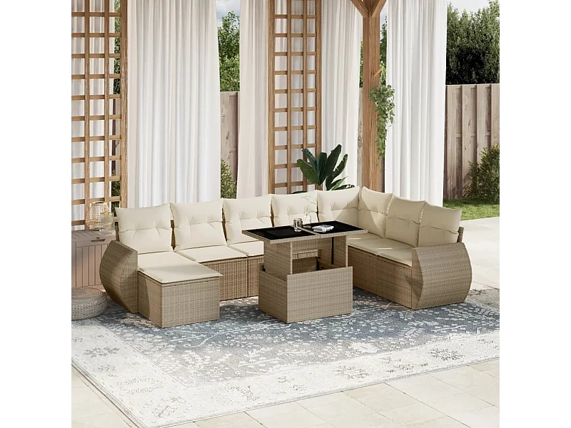 9-tlg. Garten-Sofagarnitur mit Kissen Beige Poly Rattan