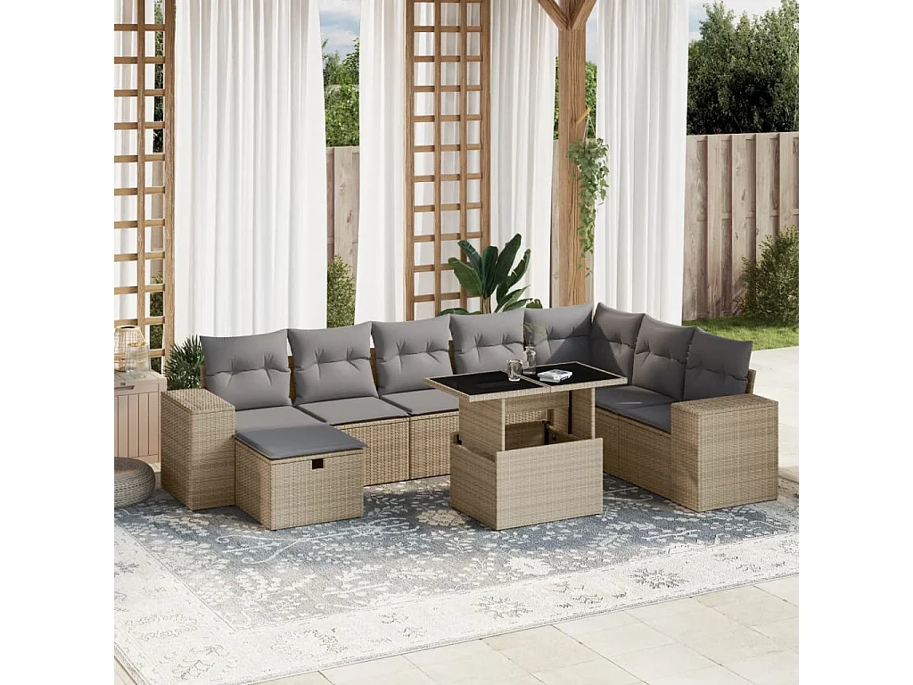 Salon de jardin avec coussins 9 pcs beige résine tressée