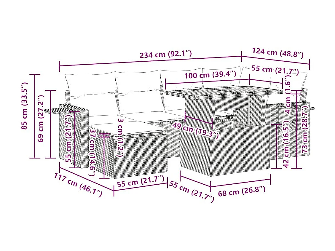 Salon de jardin avec coussins 8 pcs noir résine tressée acacia