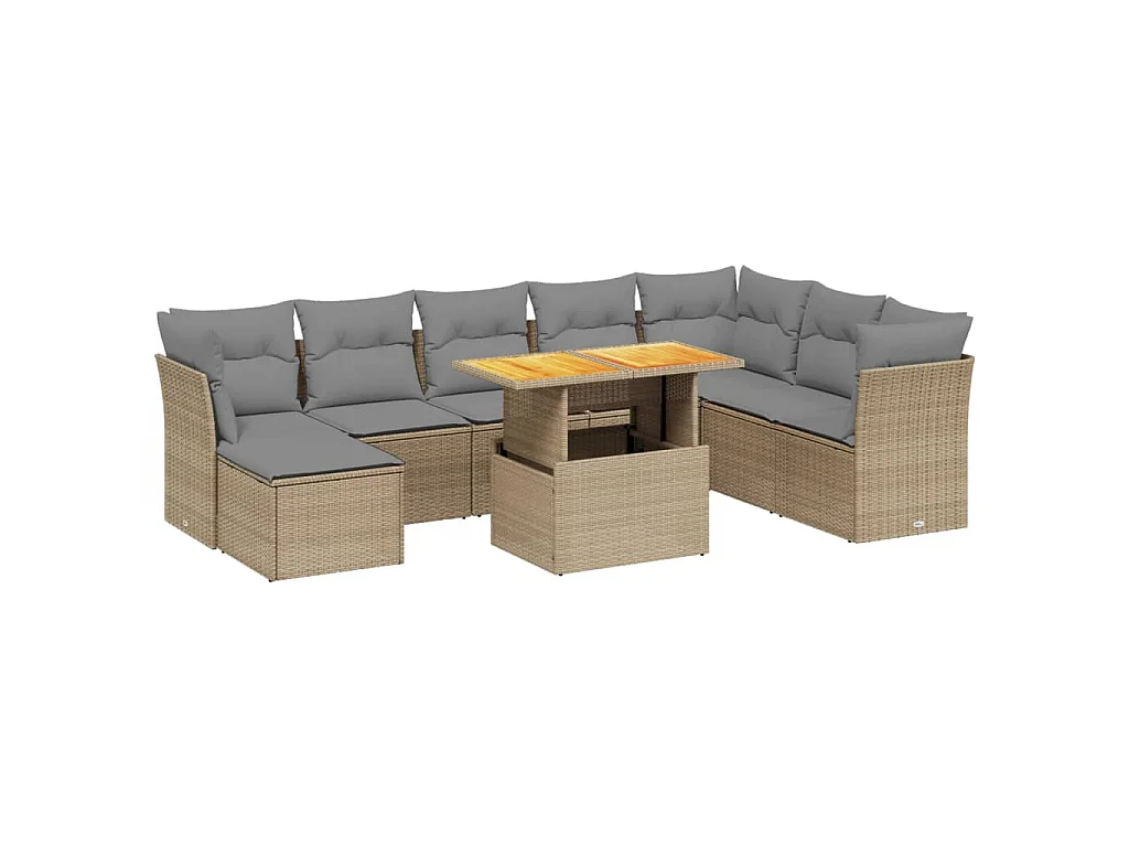 9-tlg. Garten-Sofagarnitur mit Kissen Beige Poly Rattan