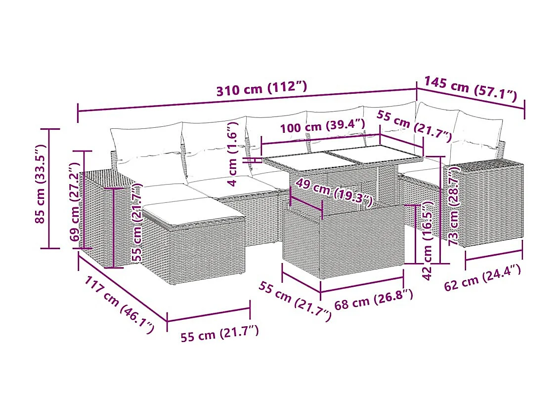 8-delige Loungeset met kussens poly rattan lichtgrijs