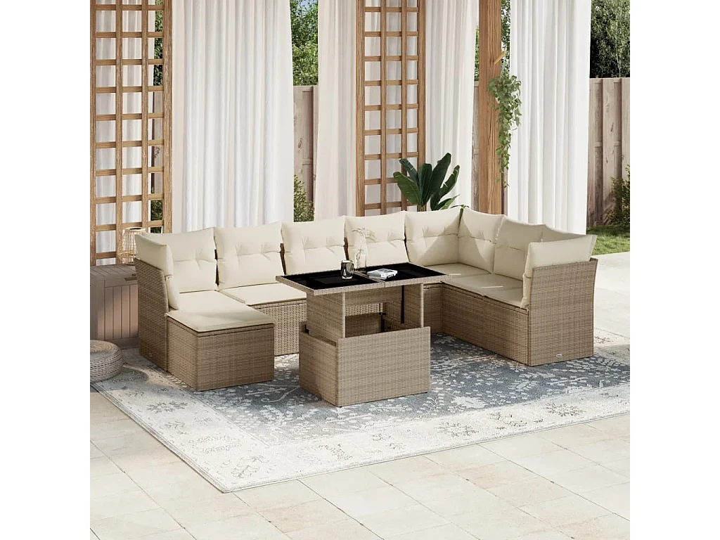 9-tlg. Garten-Sofagarnitur mit Kissen Beige Poly Rattan