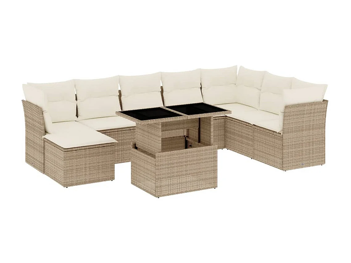 Set de sofás de jardín 9 pzas con cojines ratán sintético beige