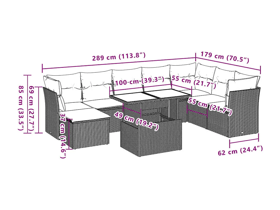 Set de sofás de jardín 9 pzas con cojines ratán sintético beige