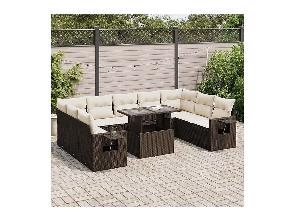 10-tlg. Garten-Sofagarnitur mit Kissen Braun Poly Rattan