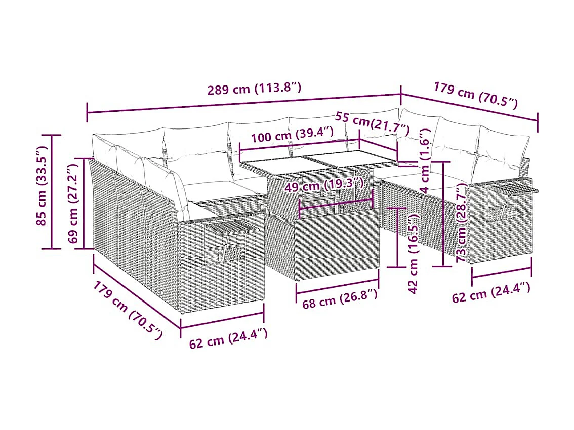 Set de sofás de jardín 10 pzas y cojines ratán sintético marrón