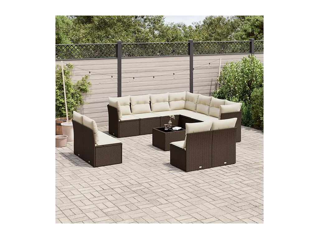 12-tlg. Garten-Sofagarnitur mit Kissen Braun Poly Rattan
