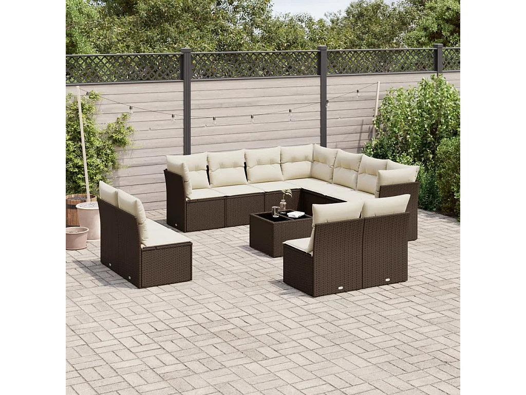 12-delige Loungeset met kussens poly rattan bruin