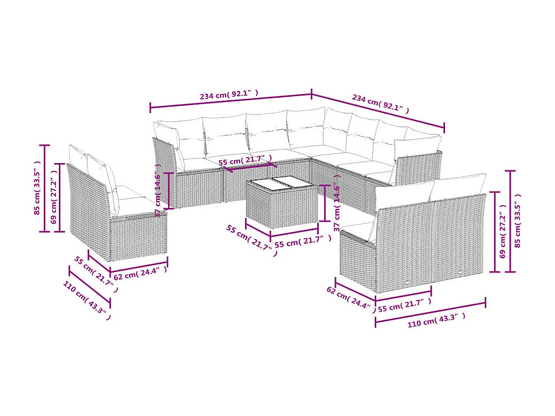 12-delige Loungeset met kussens poly rattan bruin