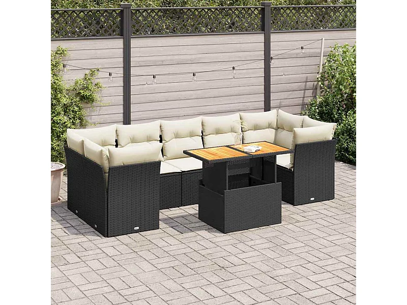 Salon de jardin 8 pcs avec coussins noir résine tressée