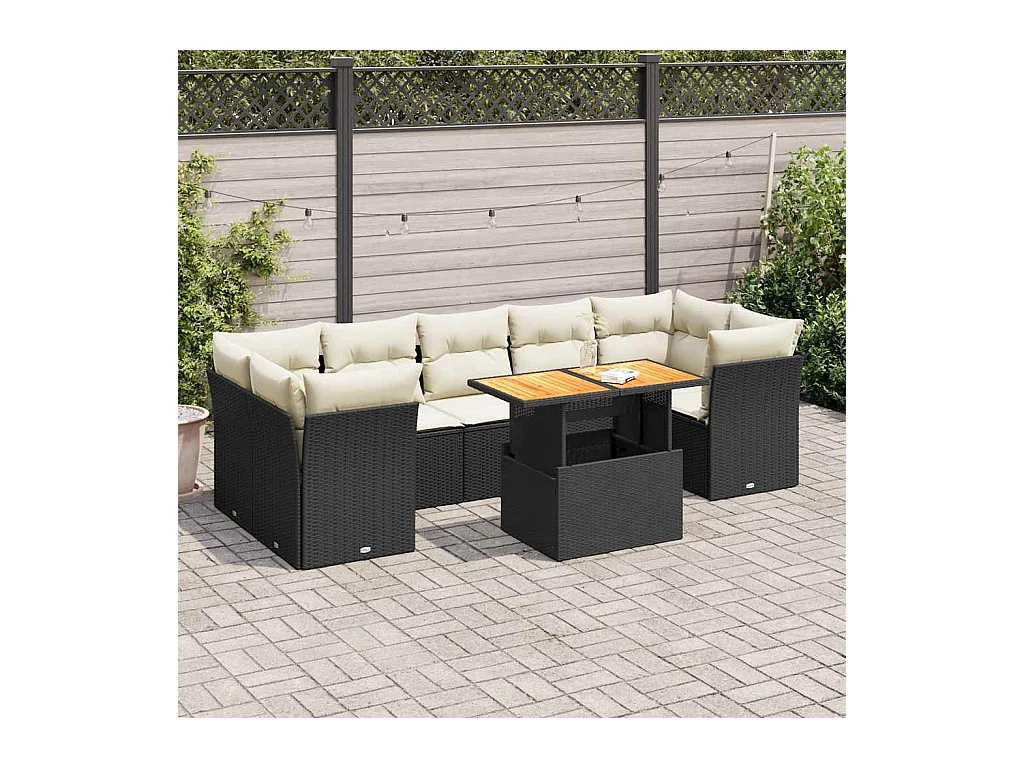 Salon de jardin 8 pcs avec coussins noir résine tressée
