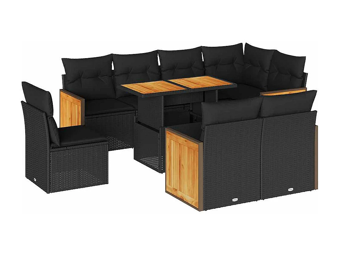 Set Divani da Giardino 9 pz con Cuscini Nero Polyrattan Acacia