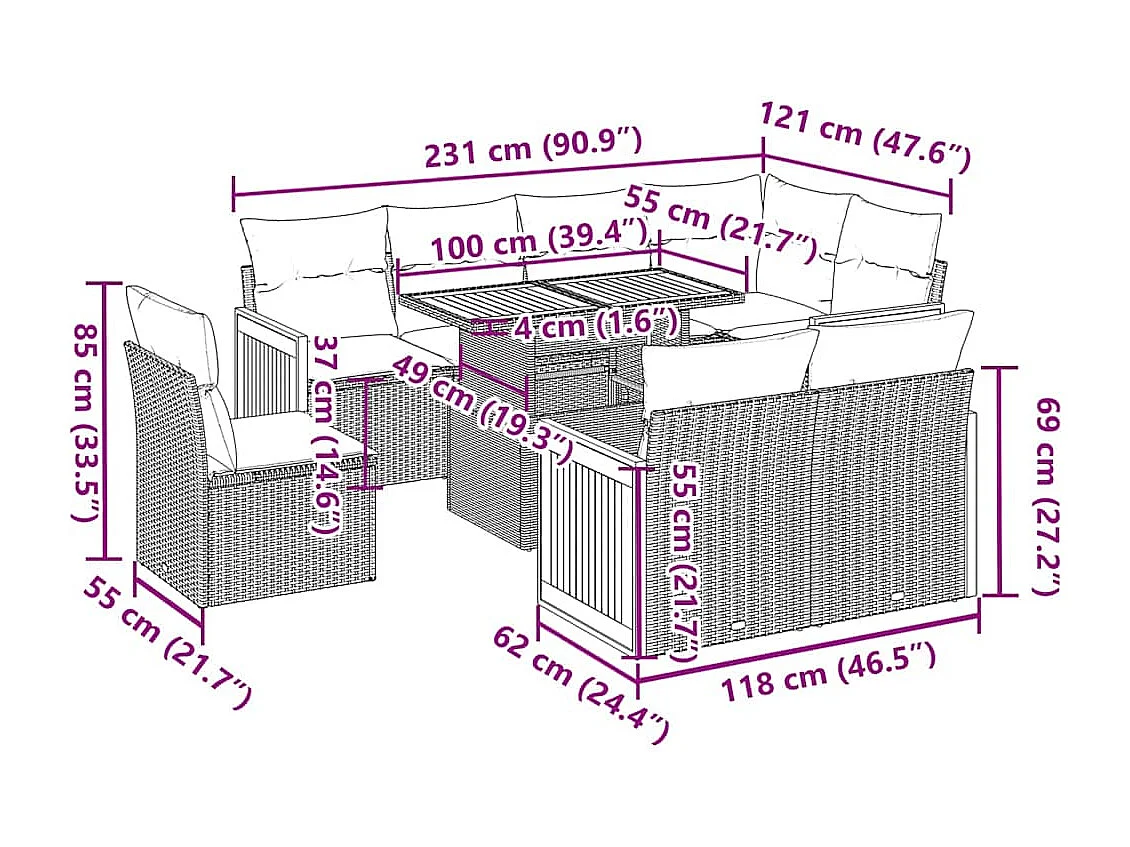 Set Divani da Giardino 9 pz con Cuscini Nero Polyrattan Acacia