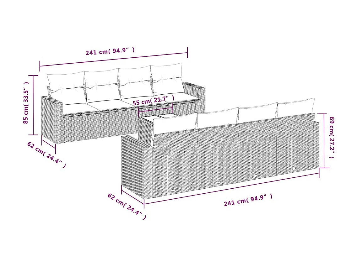 Salon de jardin avec coussins 9 pcs marron résine tressée
