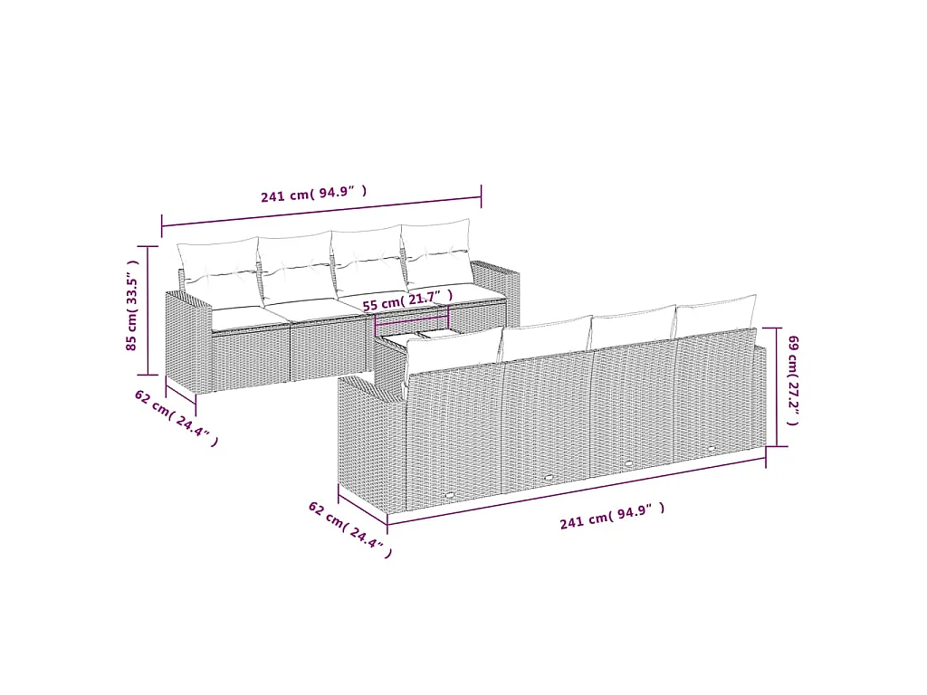 9-tlg. Garten-Sofagarnitur mit Kissen Braun Poly Rattan