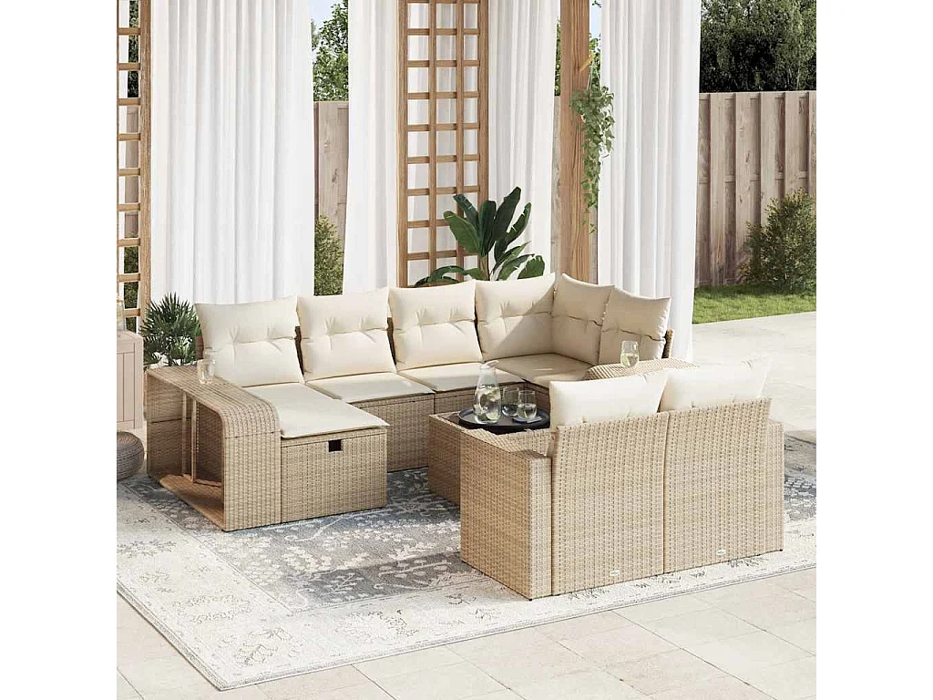 11-tlg. Garten-Sofagarnitur mit Kissen Beige Poly Rattan