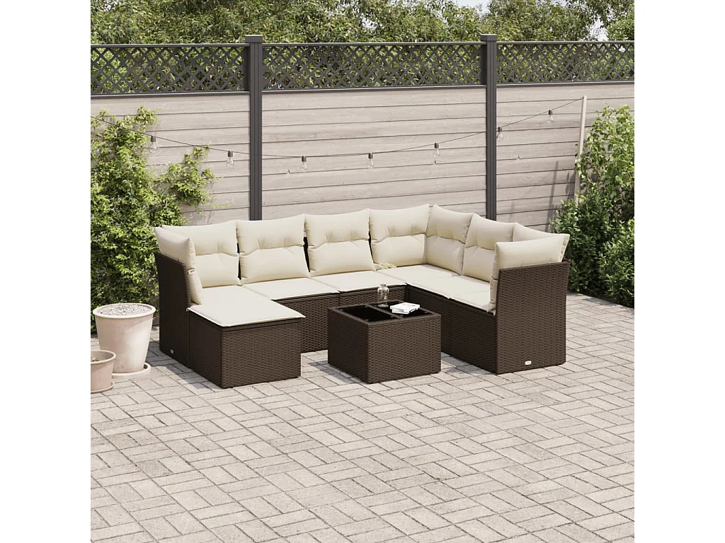 8-delige Loungeset met kussens poly rattan bruin