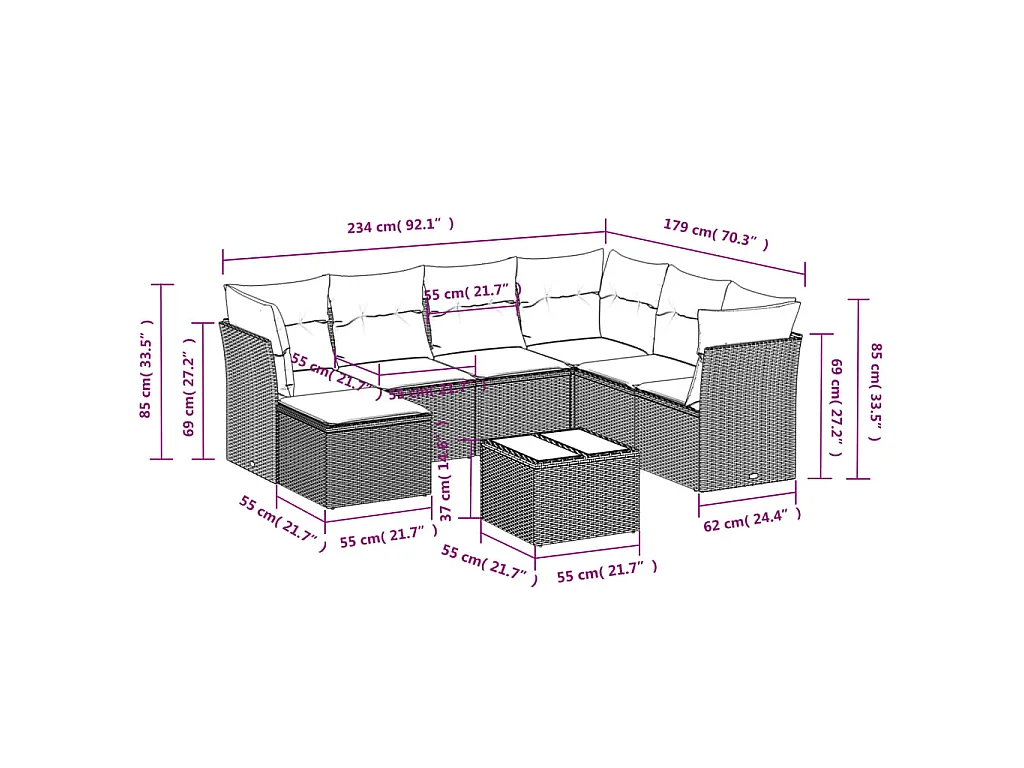 8-delige Loungeset met kussens poly rattan bruin