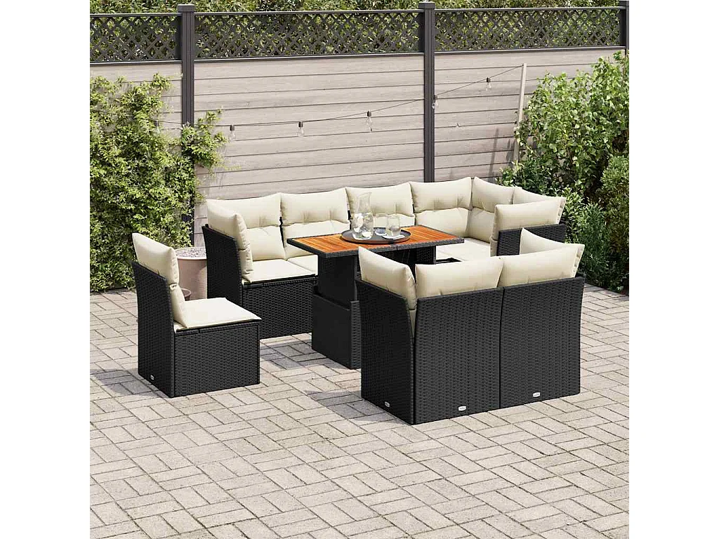 9-tlg. Garten-Sofagarnitur mit Kissen Schwarz Poly Rattan