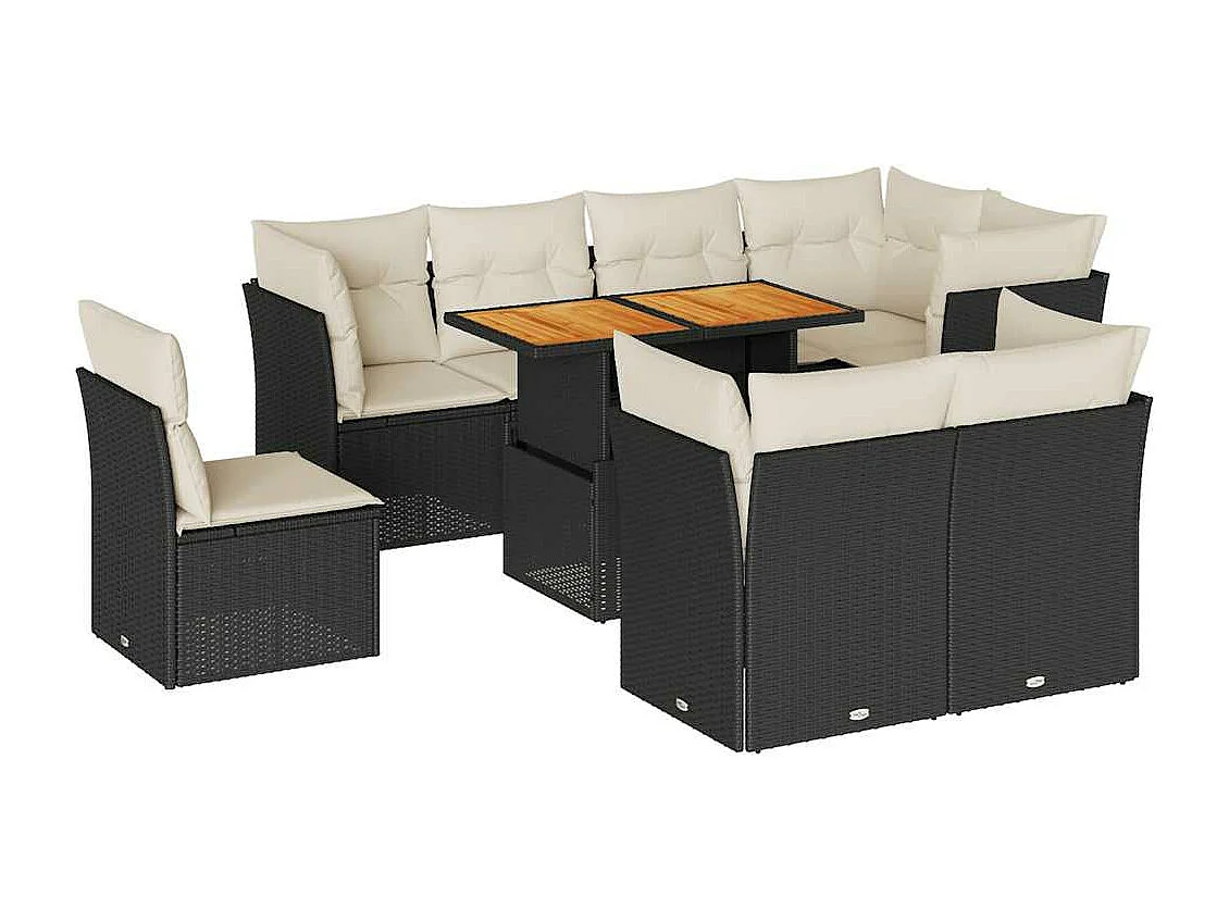 9-tlg. Garten-Sofagarnitur mit Kissen Schwarz Poly Rattan