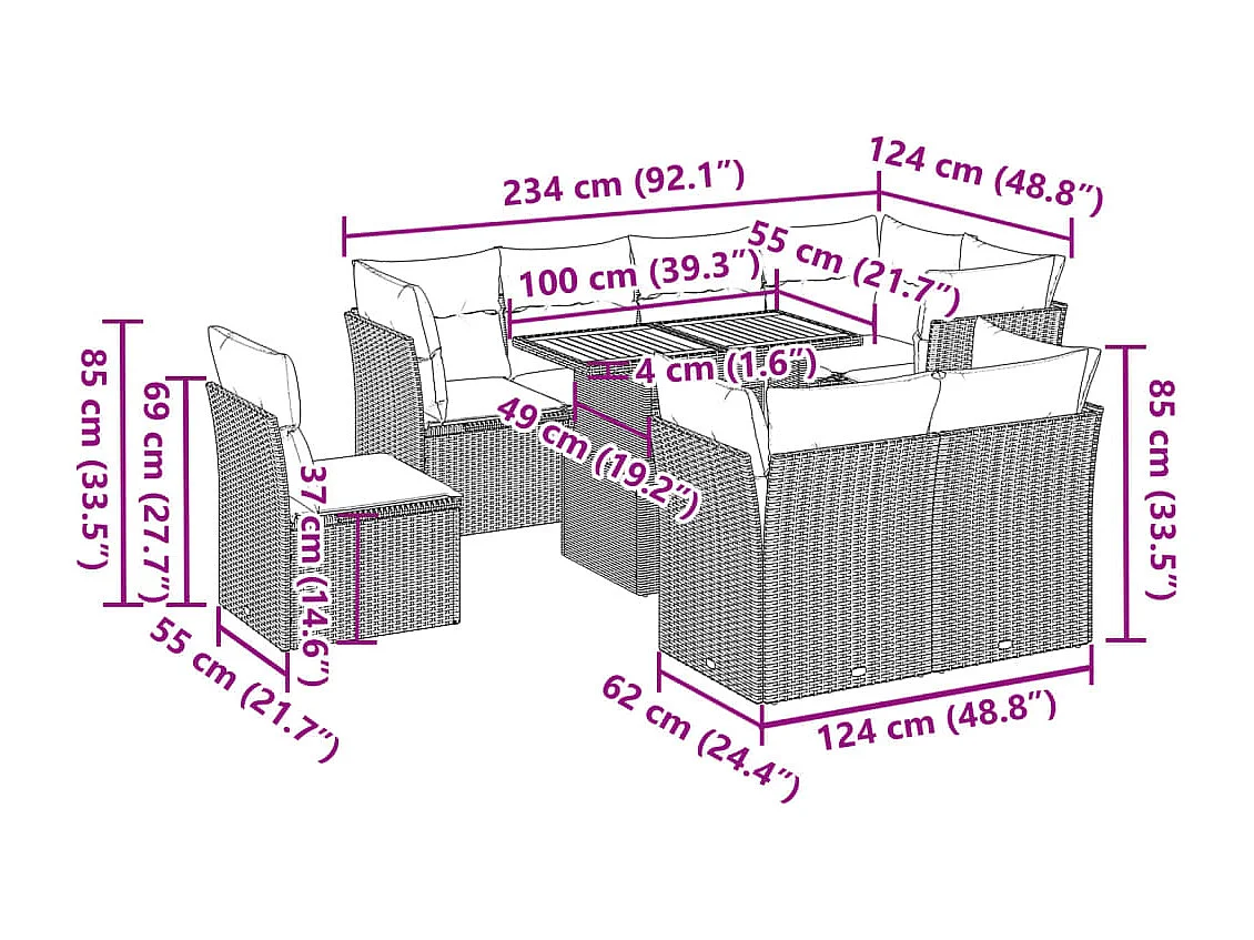 9-tlg. Garten-Sofagarnitur mit Kissen Schwarz Poly Rattan