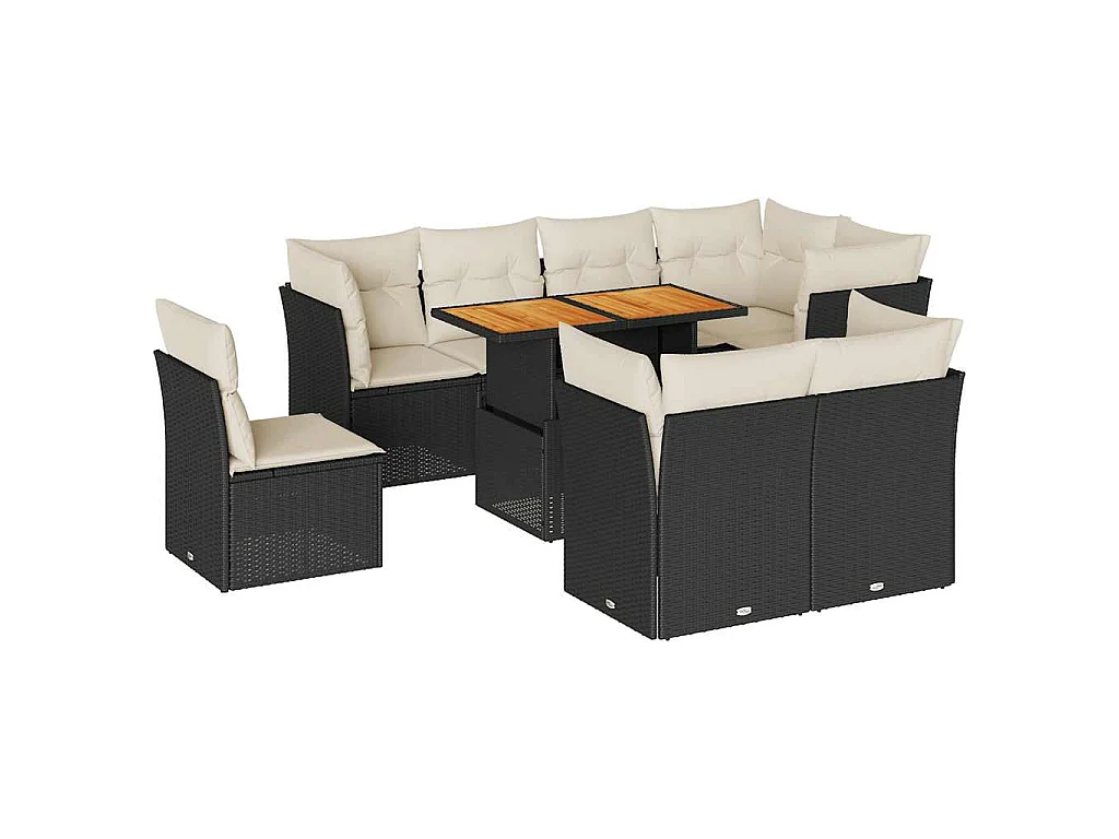 9-tlg. Garten-Sofagarnitur mit Kissen Schwarz Poly Rattan