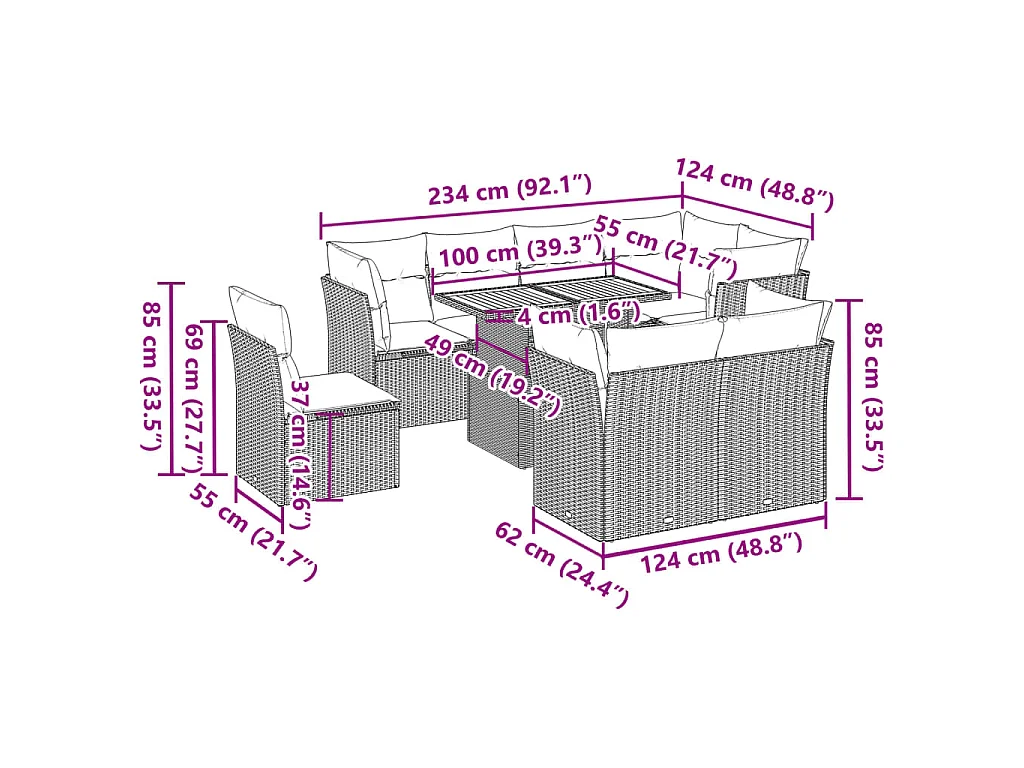 9-tlg. Garten-Sofagarnitur mit Kissen Schwarz Poly Rattan