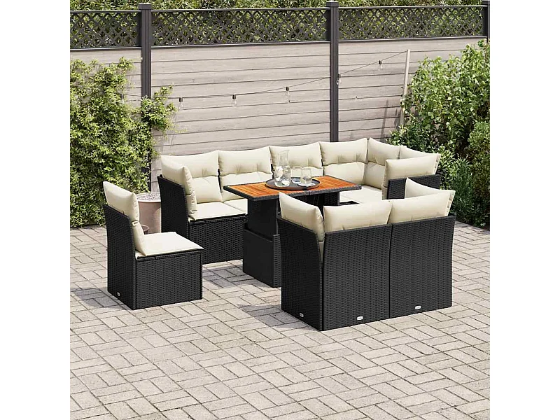 9-tlg. Garten-Sofagarnitur mit Kissen Schwarz Poly Rattan