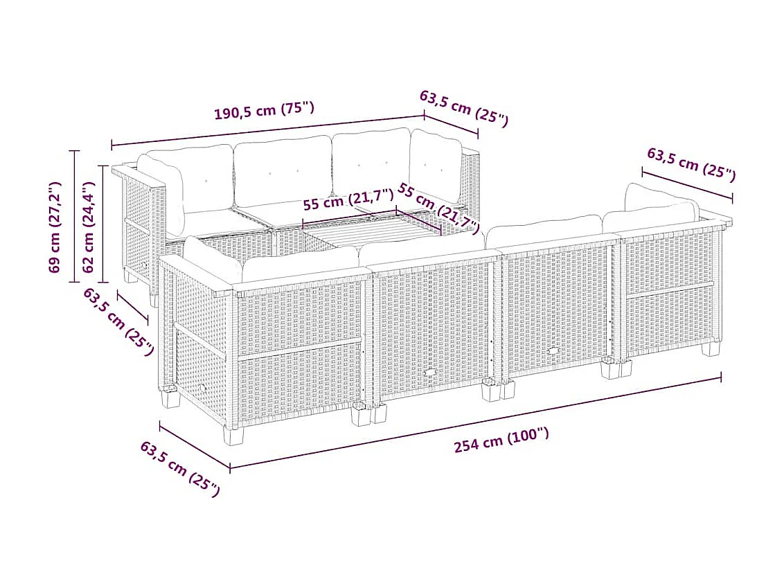 8-delige Loungeset met kussens poly rattan beige