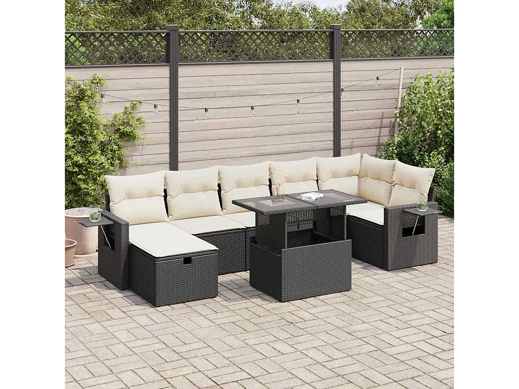Set de sofás de jardín y cojines 8 piezas ratán sintético negro