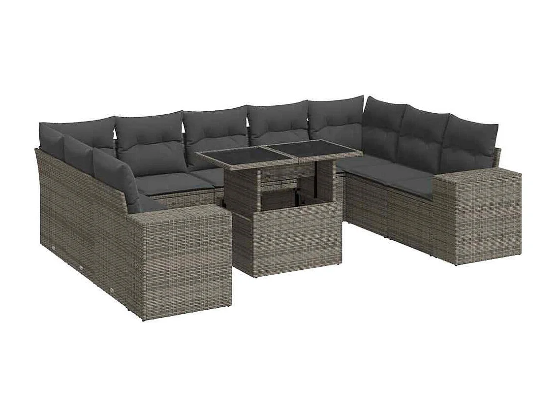 10-tlg. Garten-Sofagarnitur mit Kissen Grau Poly Rattan