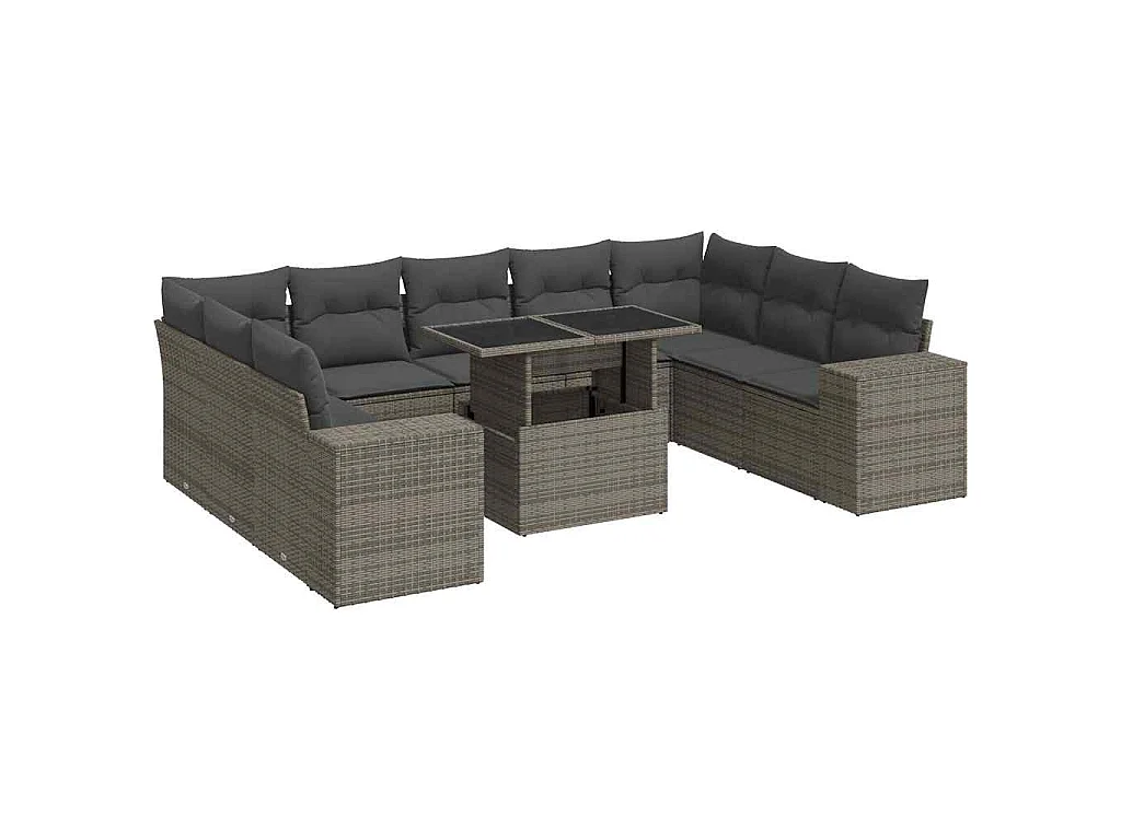 10-delige Loungeset met kussens poly rattan grijs