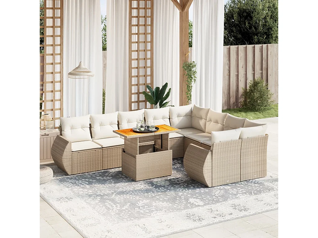 10-tlg. Garten-Sofagarnitur mit Kissen Beige Poly Rattan
