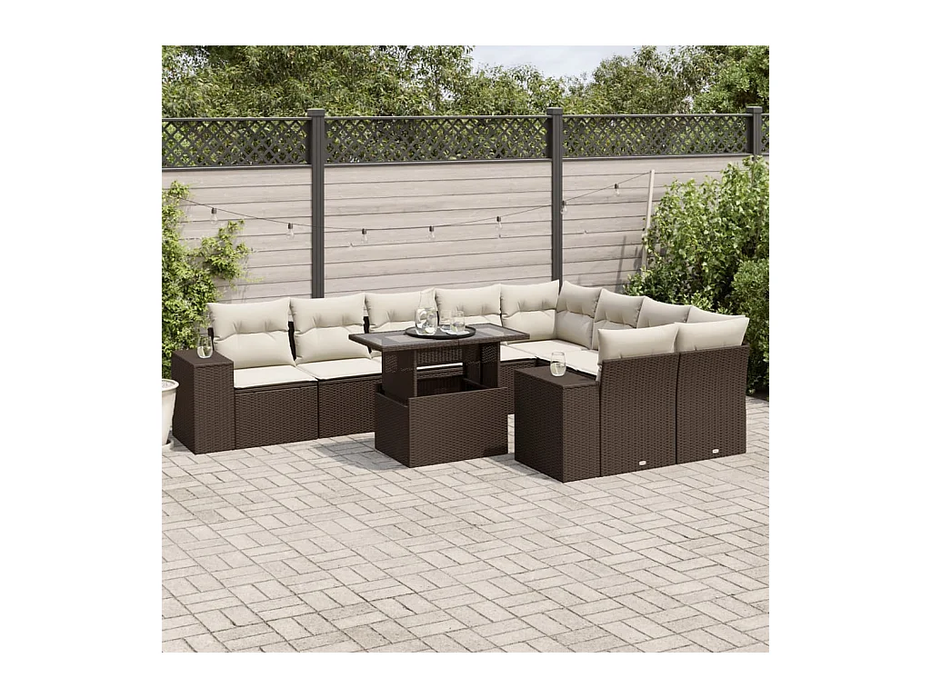 10-delige Loungeset met kussens poly rattan bruin