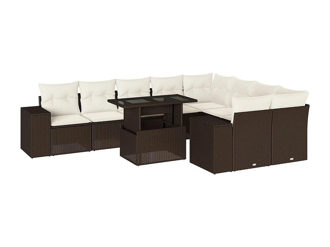 Salon de jardin 10 pcs avec coussins marron résine tressée